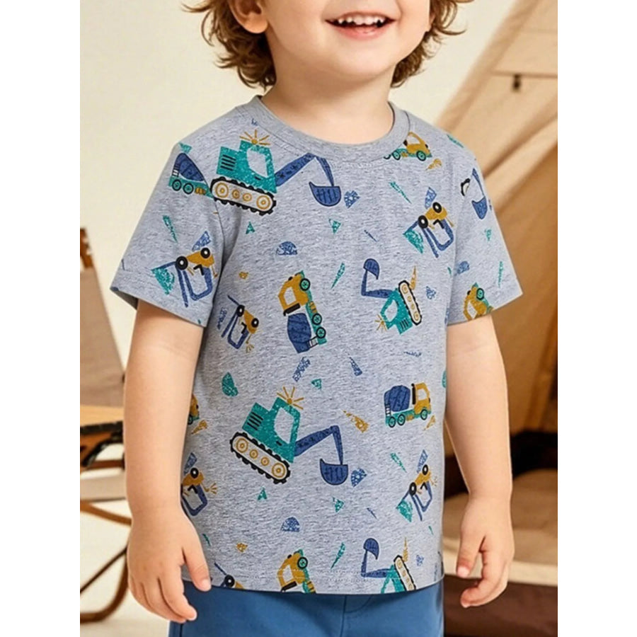 Children’s Excavator Print Round Neck T-Shirt Gray / 3Y Apparel and Accessories