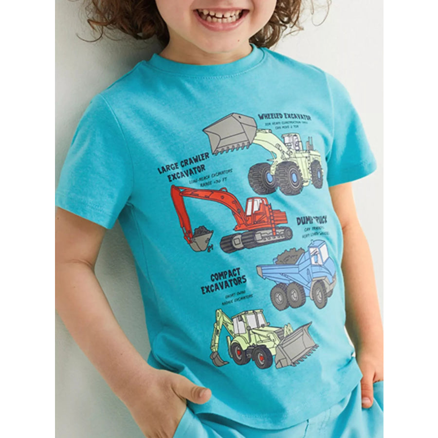 Children’s Excavator Print Round Neck T-Shirt Pastel Blue / 2Y Apparel and Accessories