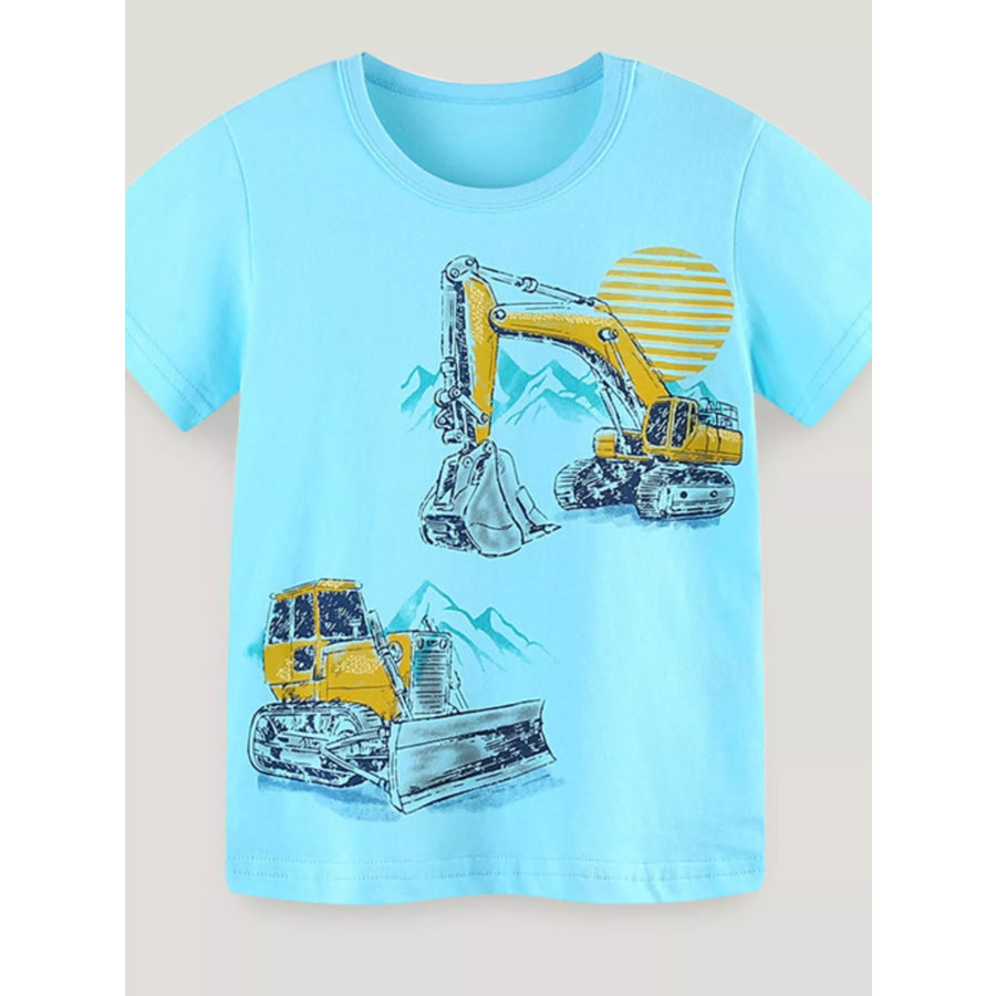 Children‘s Excavator Print Short Sleeve T-Shirt Pastel Blue / 2Y Apparel and Accessories