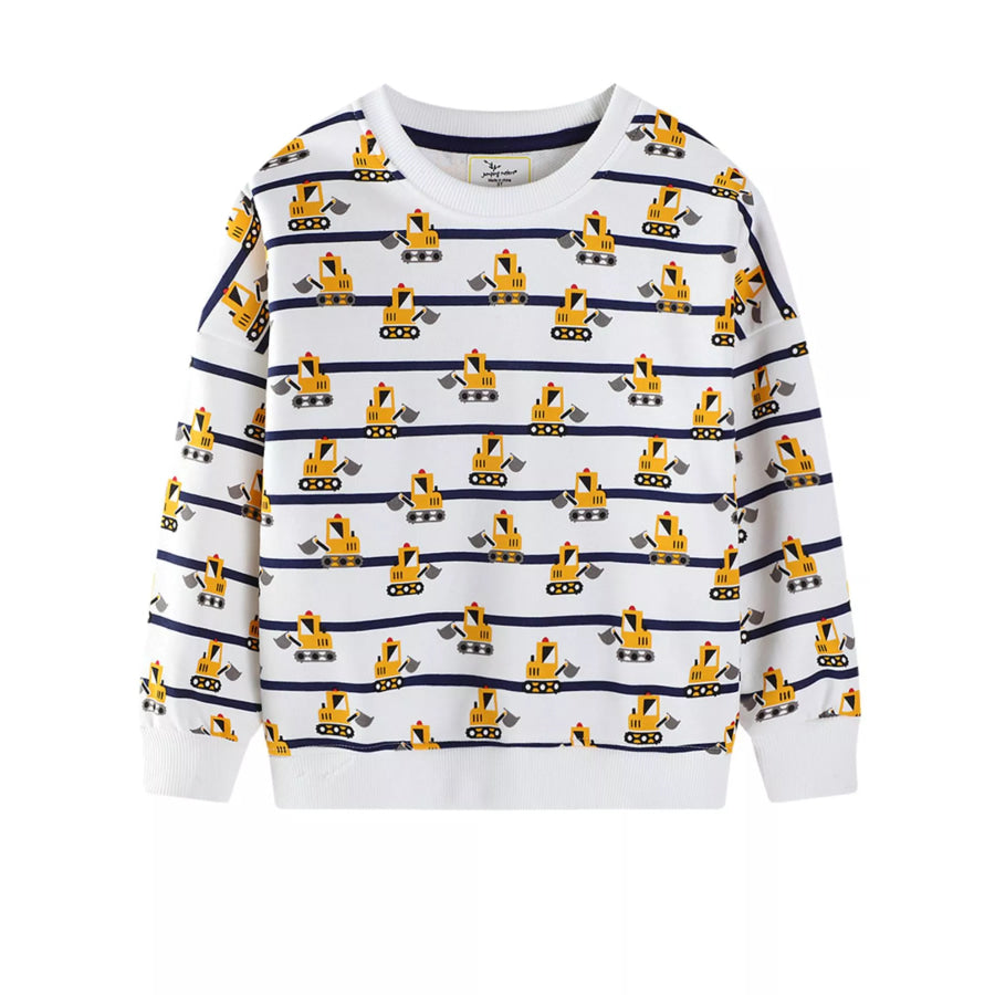 Children’s Excavator Print Striped Crew Neck Sweatshirt Apparel and Accessories