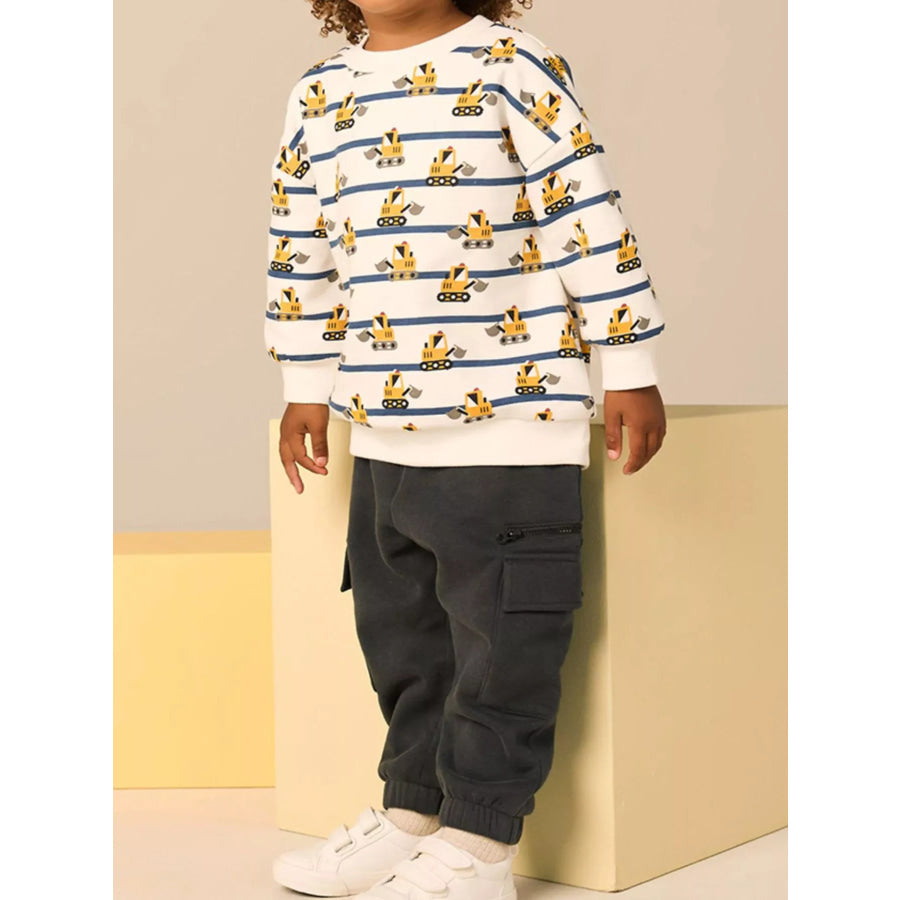 Children’s Excavator Print Striped Crew Neck Sweatshirt Ivory / 2T Apparel and Accessories