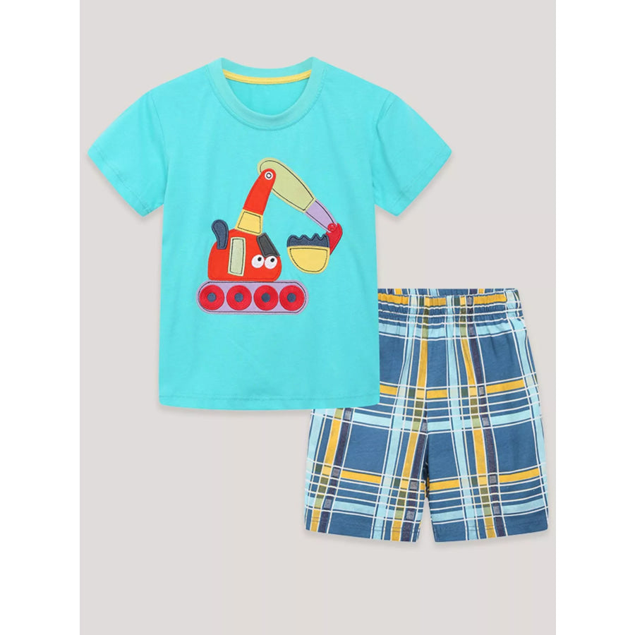 Children’s Excavator Short Sleeve Tee and Plaid Shorts Set Apparel and Accessories