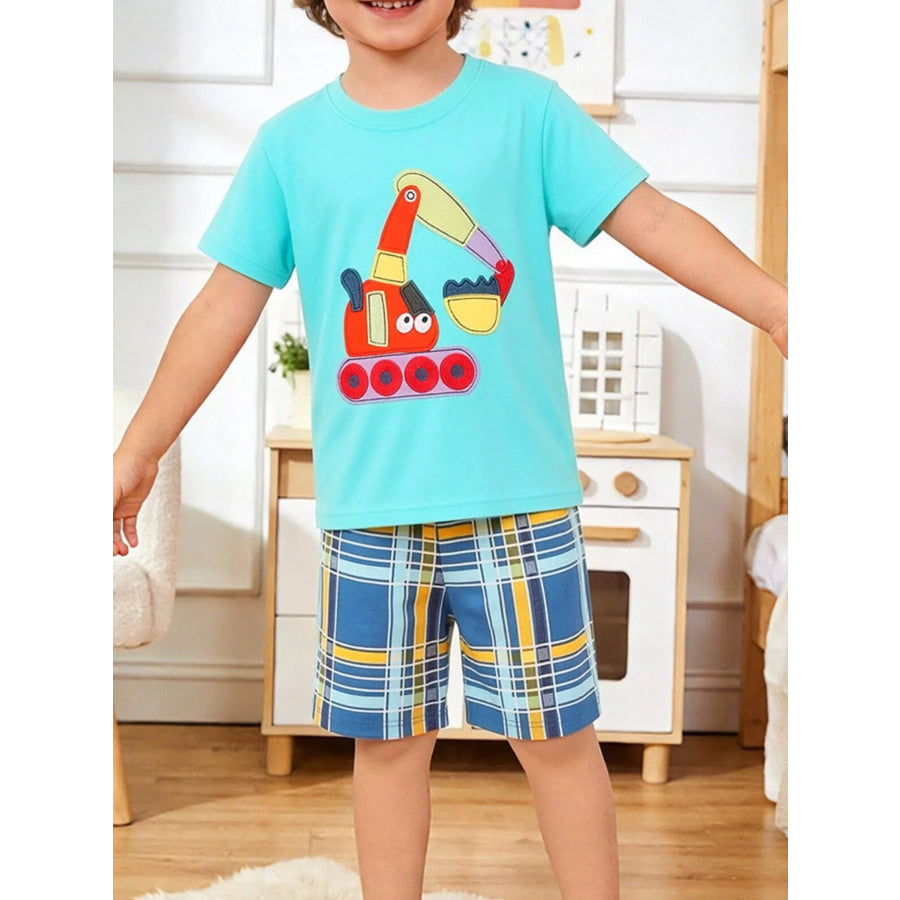 Children’s Excavator Short Sleeve Tee and Plaid Shorts Set Aqua / 2Y Apparel and Accessories