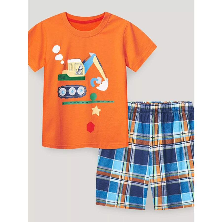 Children’s Excavator Short Sleeve Tee and Shorts Pajama Set Orange / 2Y Apparel and Accessories