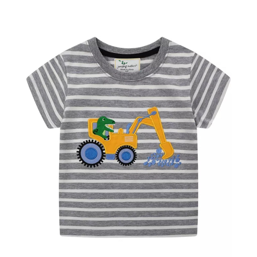 Children’s Excavator Striped Round Neck T-Shirt Dark Gray / 2T Apparel and Accessories