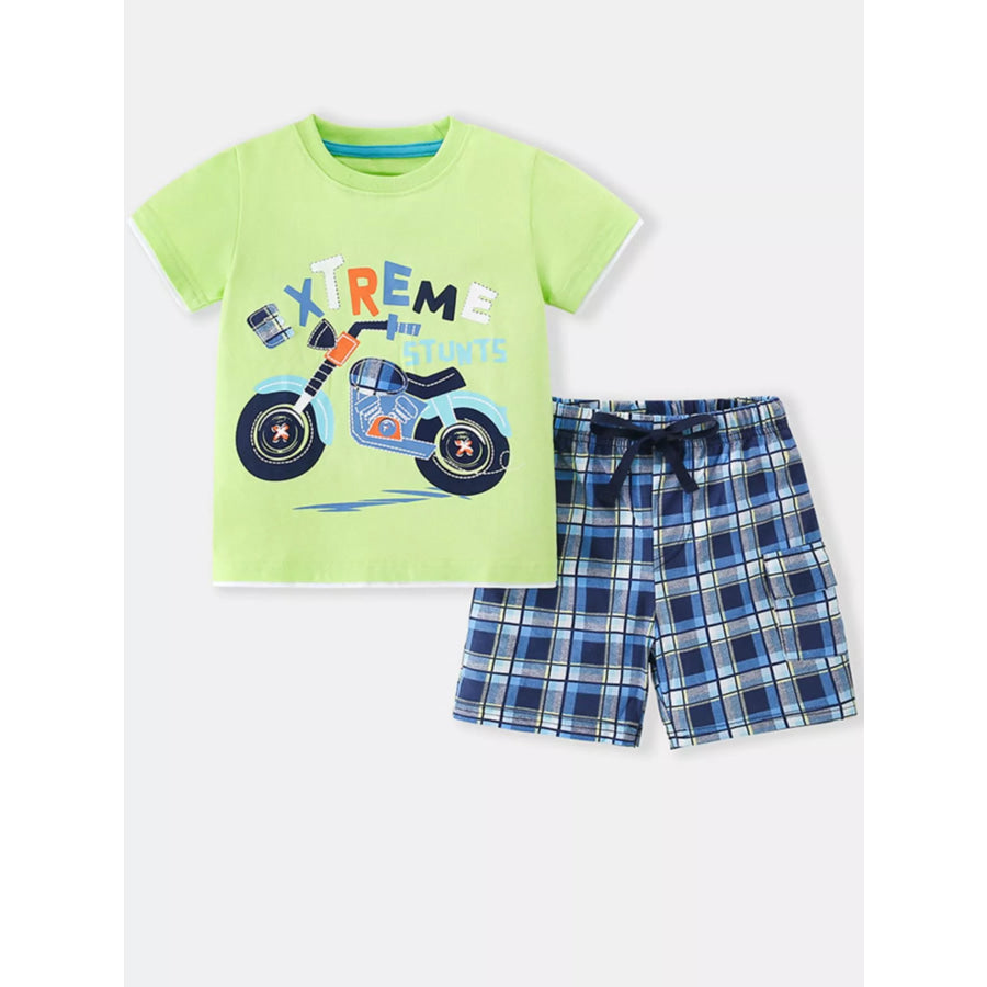 Children’s Extreme Stunts Motorcycle Graphic T-Shirt and Shorts Set Neon Green / 4Y Apparel and Accessories