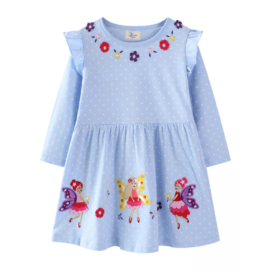 Children’s Fairy Embroidered Long Sleeve Polka Dot Dress Light Blue / 2T Apparel and Accessories
