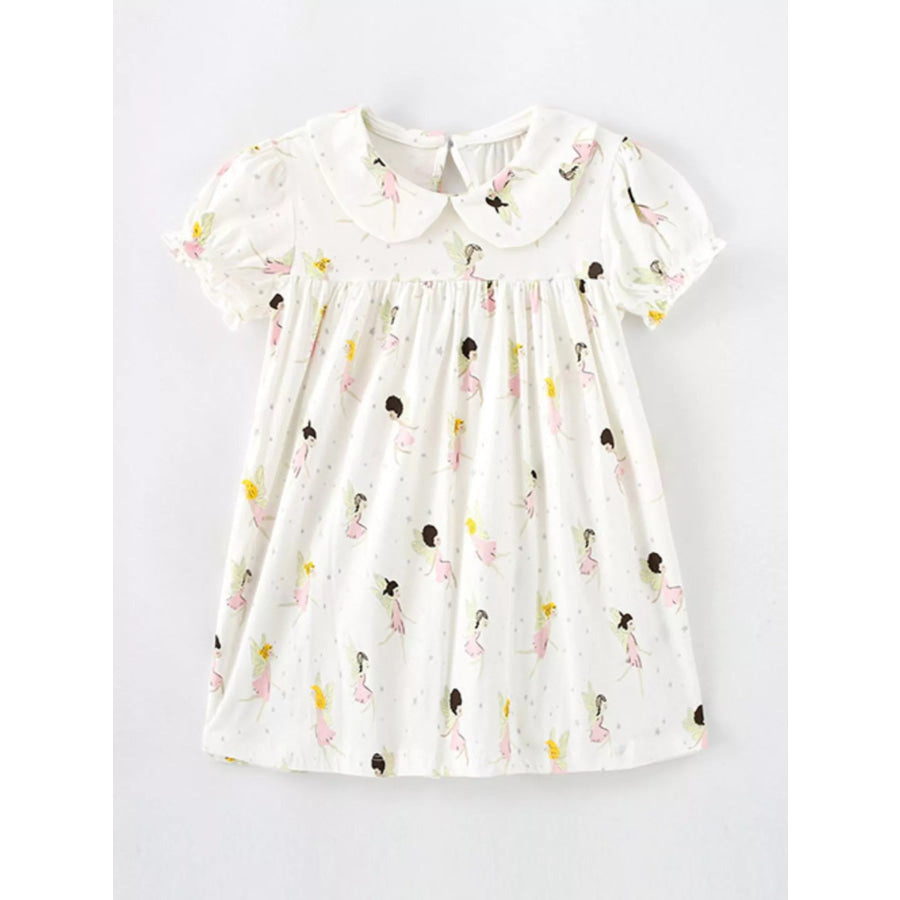 Children’s Fairy Print Peter Pan Collar Puff Sleeve Dress Beige / 5Y Apparel and Accessories