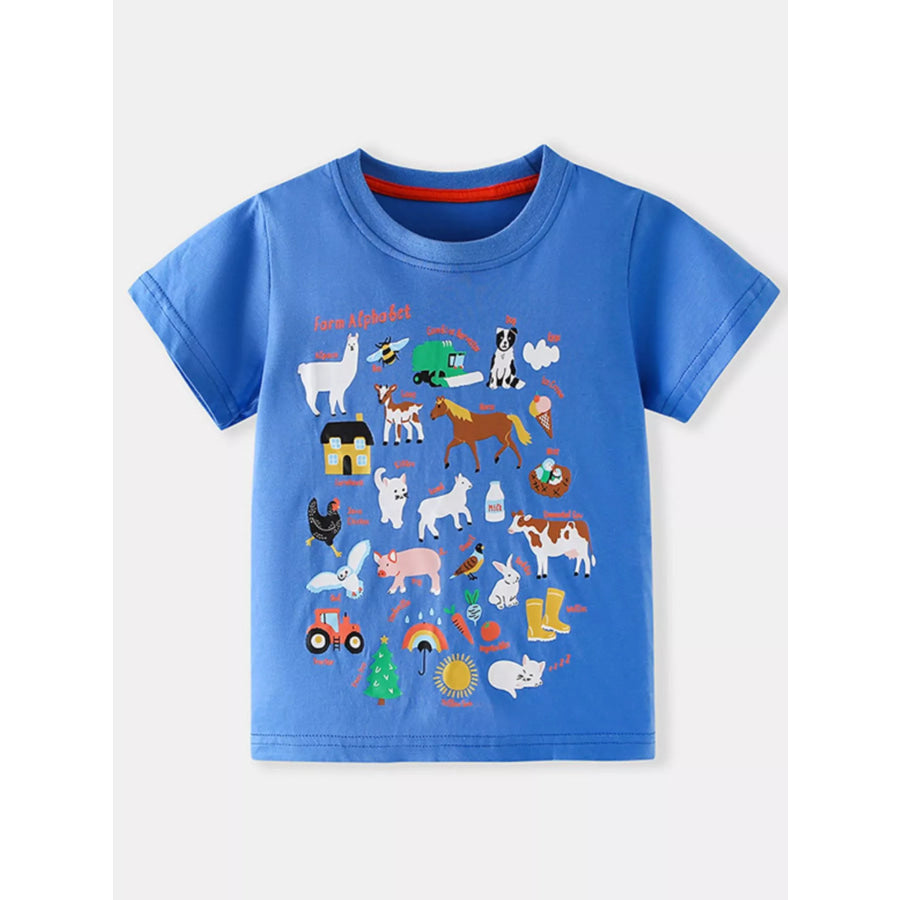 Children’s Farm Alphabet Print Crew Neck Short Sleeve T-Shirt Blue / 2-3Y Apparel and Accessories