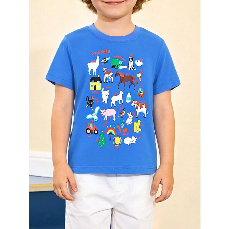 Children’s Farm Alphabet Print Crew Neck T-Shirt Royal Blue / 2Y Apparel and Accessories