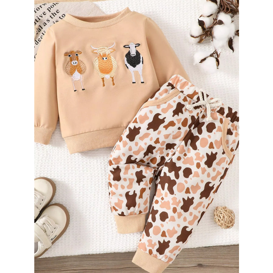 Children’s Farm Animal Embroidered Top and Pants Set Off-white / 0-6M Apparel and Accessories
