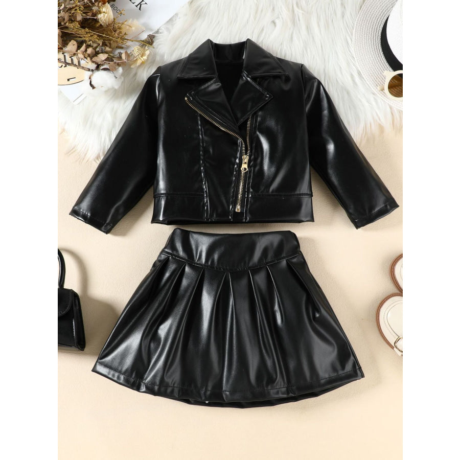 Children’s Faux Leather Jacket & Pleated Skirt Set Black / 2-3 Apparel and Accessories
