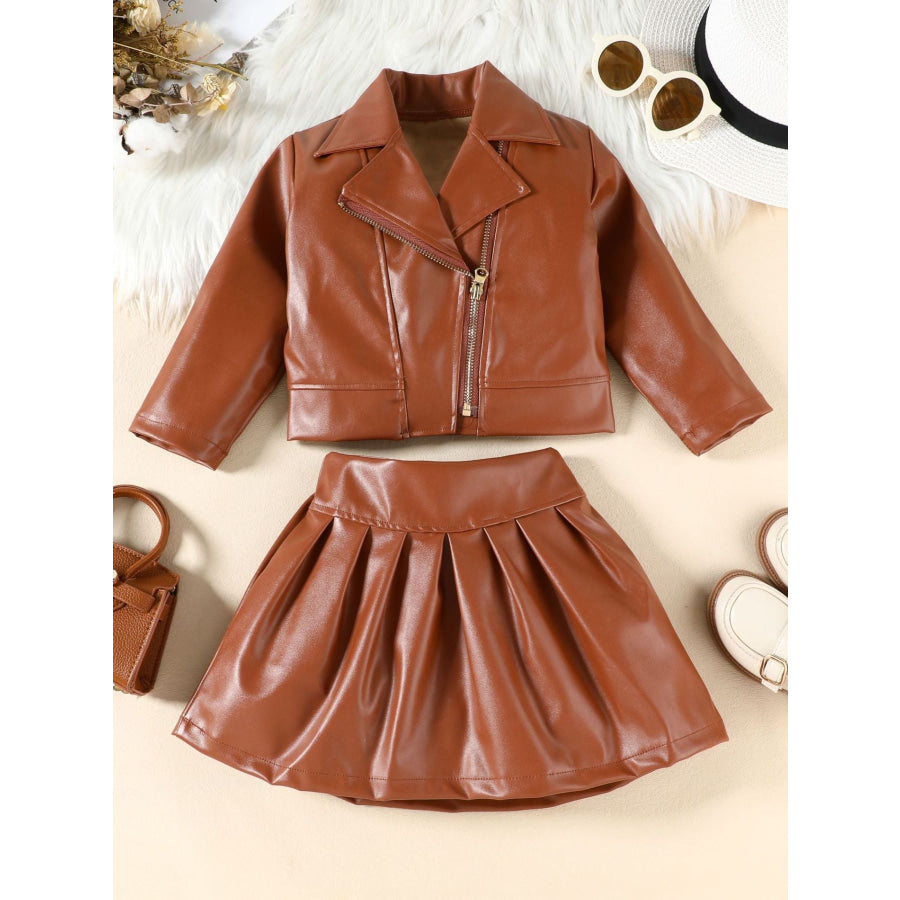 Children’s Faux Leather Jacket & Pleated Skirt Set Brown / 2-3 Apparel and Accessories