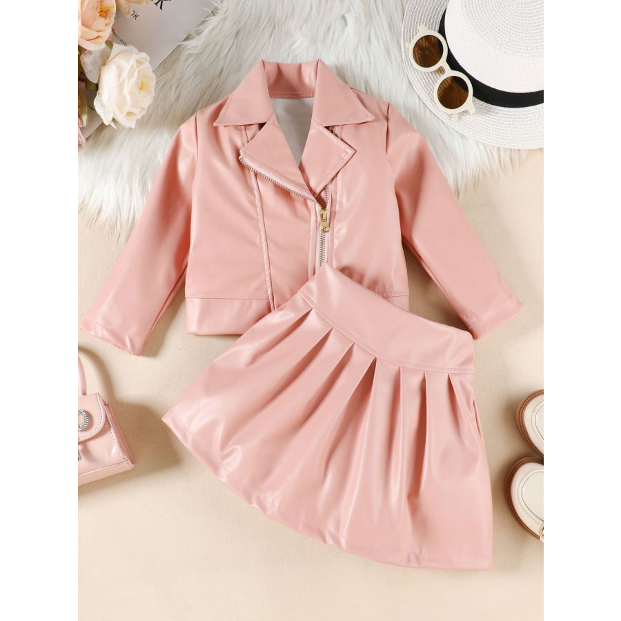 Children’s Faux Leather Jacket & Pleated Skirt Set Pink / 2-3 Apparel and Accessories