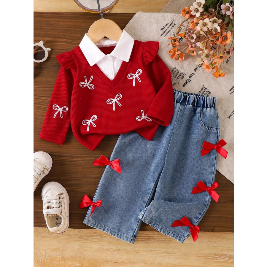 Children’s Festive Bow-Embellished Knit Sweater and Jeans Set Red / 3-6M Apparel Accessories