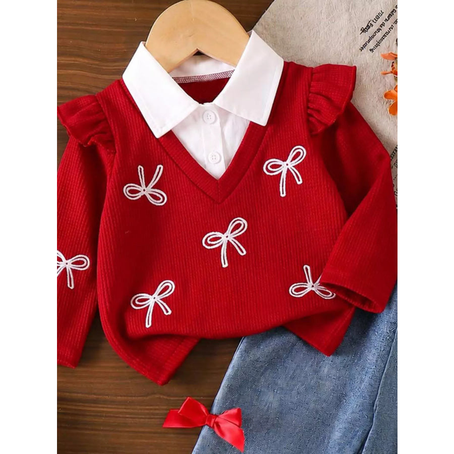 Children’s Festive Bow-Embellished Knit Sweater and Jeans Set Apparel Accessories