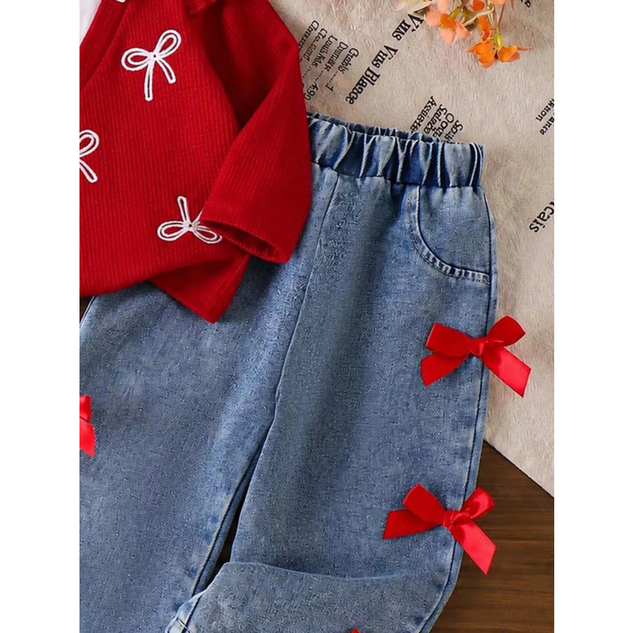 Children’s Festive Bow-Embellished Knit Sweater and Jeans Set Apparel Accessories