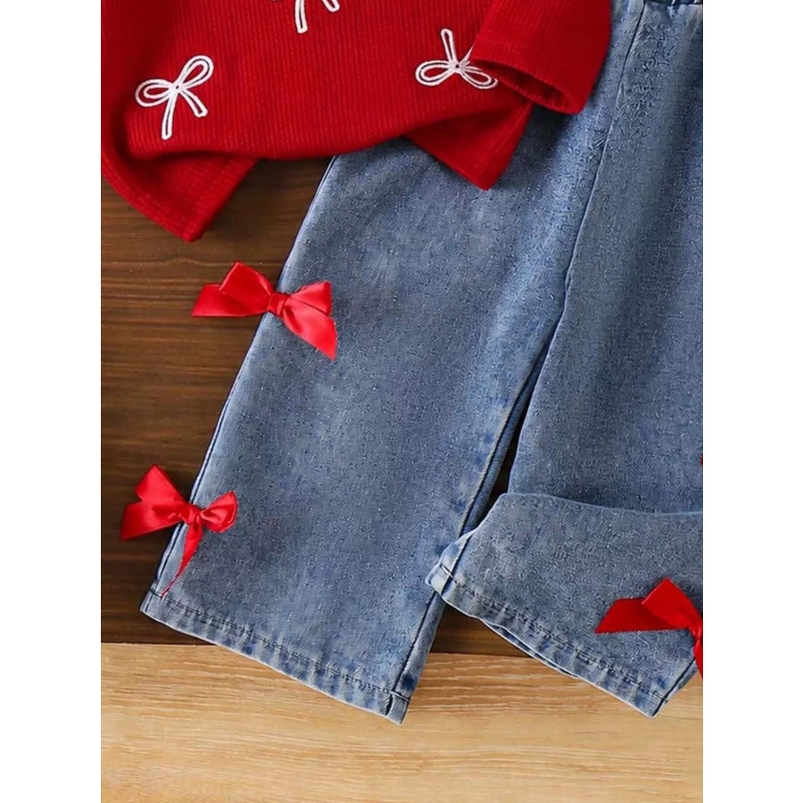 Children’s Festive Bow-Embellished Knit Sweater and Jeans Set Apparel Accessories