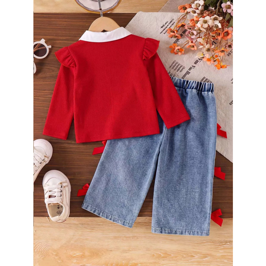 Children’s Festive Bow-Embellished Knit Sweater and Jeans Set Apparel Accessories