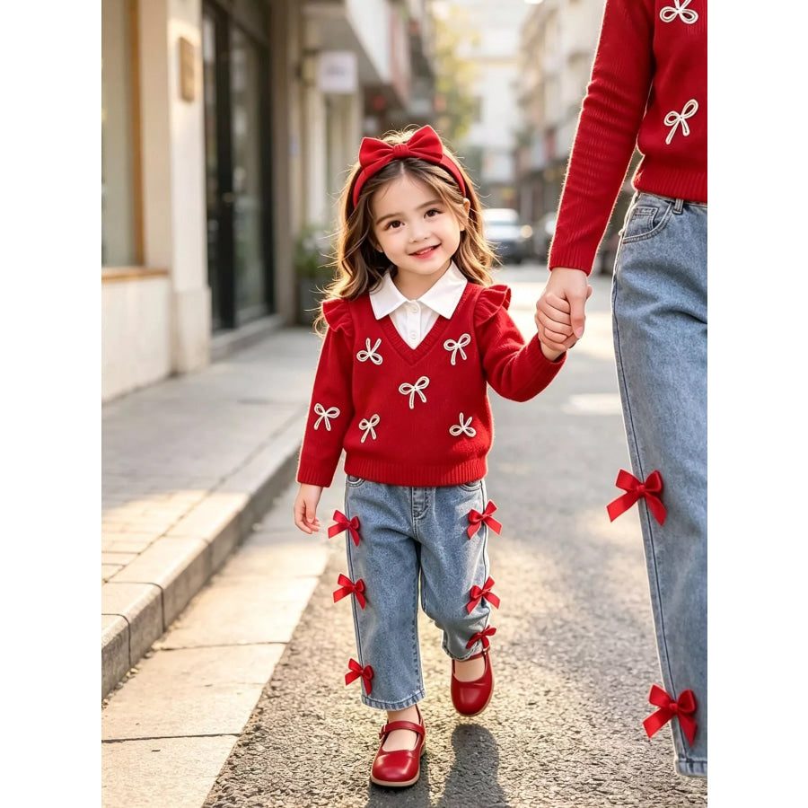 Children’s Festive Bow-Embellished Knit Sweater and Jeans Set Red / 3-6M Apparel Accessories