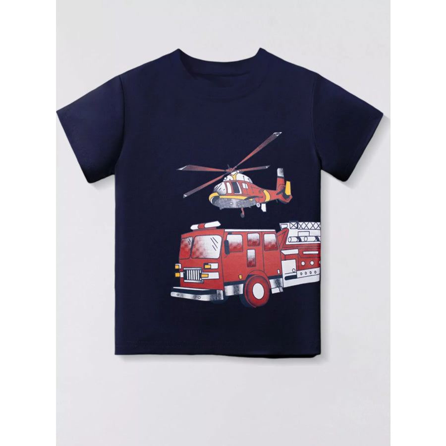 Children’s Fire Truck and Helicopter Print T-Shirt Dark Navy / 6Y Apparel and Accessories