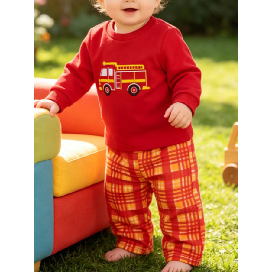 Children’s Fire Truck Embroidered Top and Pants Set Red / 6-12M Apparel and Accessories