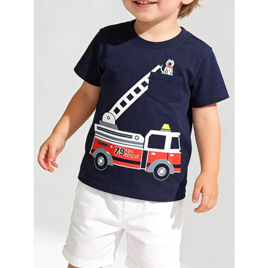 Children’s Fire Truck Graphic Crew Neck T-Shirt Blue / 5T Apparel and Accessories