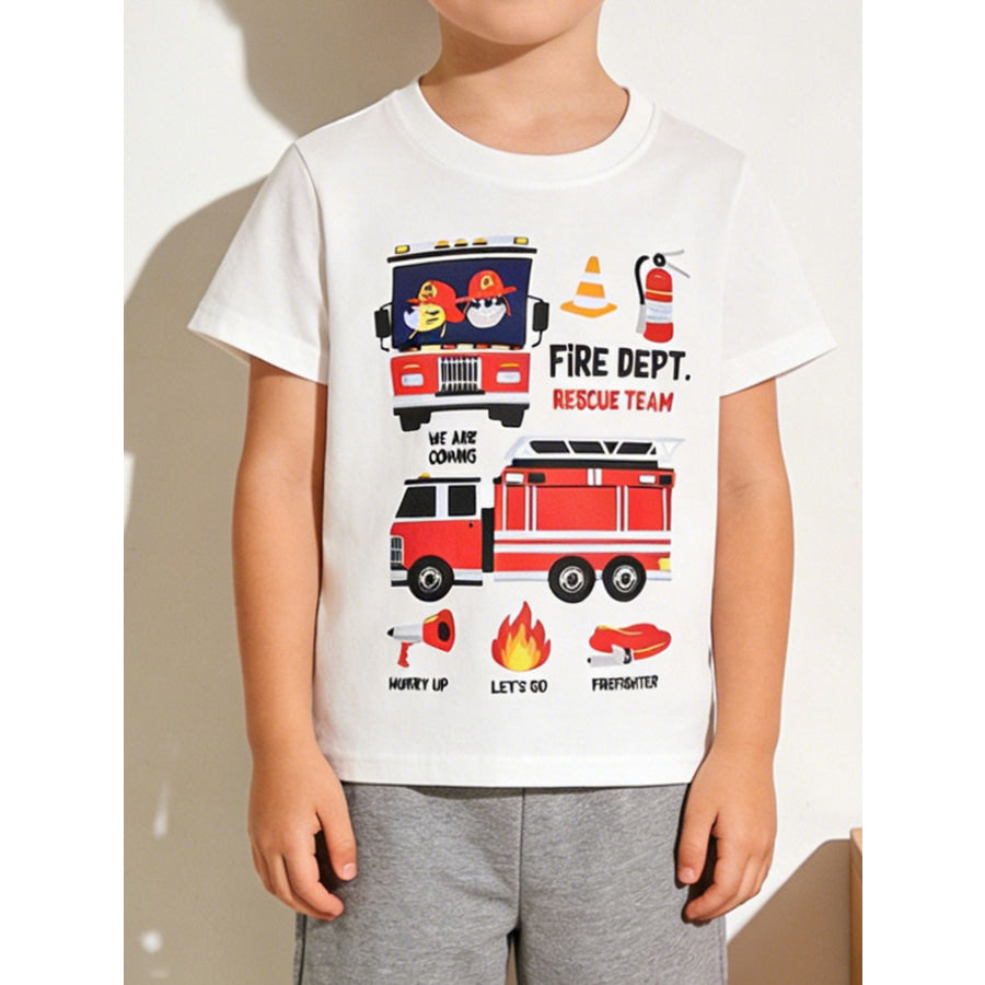 Children’s Fire Truck Graphic Crew Neck T-Shirt White / 2-3Y Apparel and Accessories