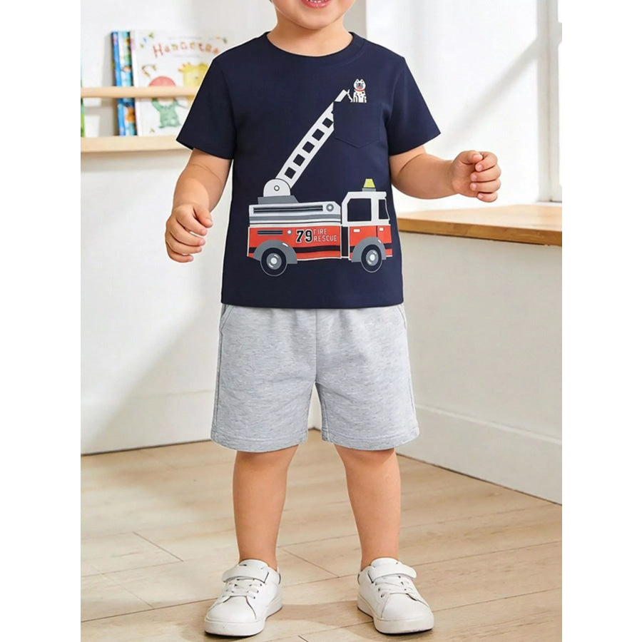 Children’s Fire Truck Graphic Tee and Shorts Set Dark Navy / 2Y Apparel and Accessories