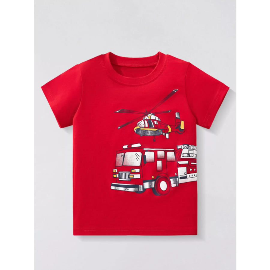Children’s Fire Truck & Helicopter Graphic Short Sleeve T-Shirt Red / 3Y Apparel and Accessories