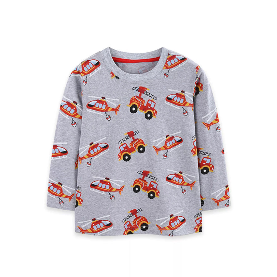 Children’s Fire Truck Helicopter Print Long Sleeve Crew Neck T-Shirt Apparel and Accessories