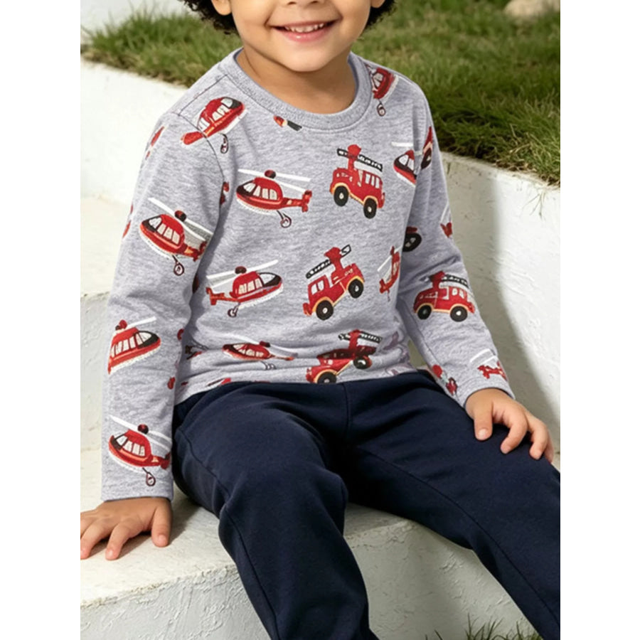 Children’s Fire Truck Helicopter Print Long Sleeve Crew Neck T-Shirt Apparel and Accessories