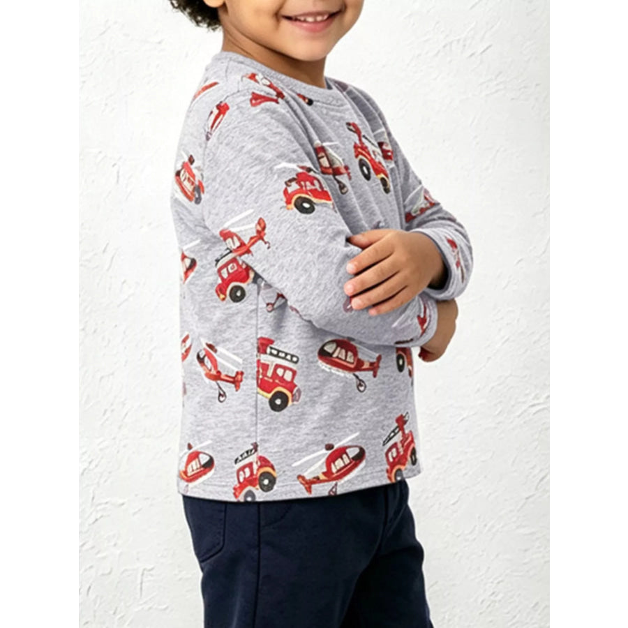 Children’s Fire Truck Helicopter Print Long Sleeve Crew Neck T-Shirt Apparel and Accessories