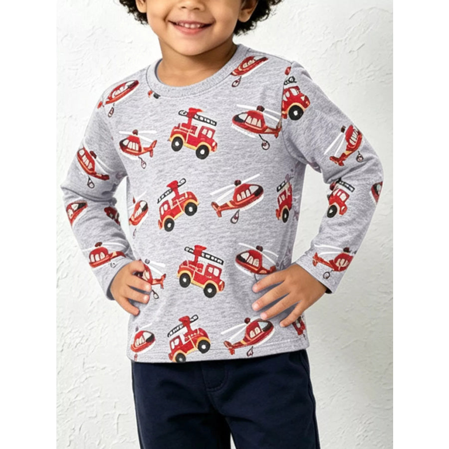 Children’s Fire Truck Helicopter Print Long Sleeve Crew Neck T-Shirt Gray / 2Y Apparel and Accessories