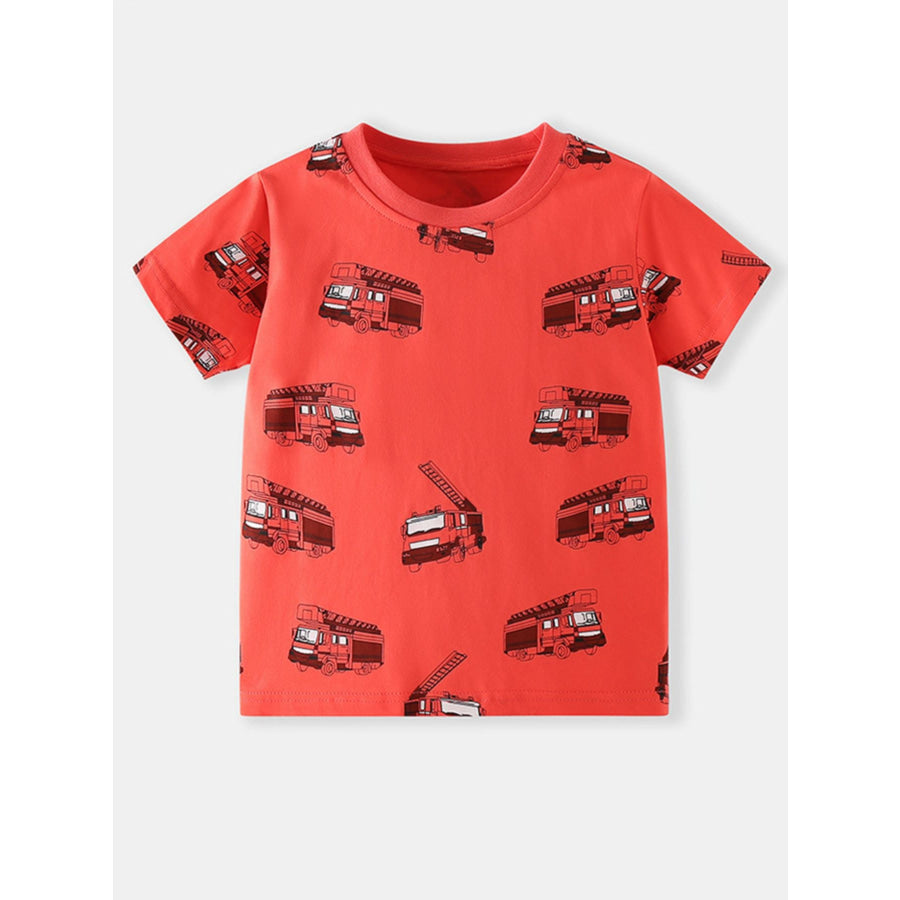 Children’s Fire Truck Print Crew Neck Short Sleeve T-Shirt Apparel and Accessories