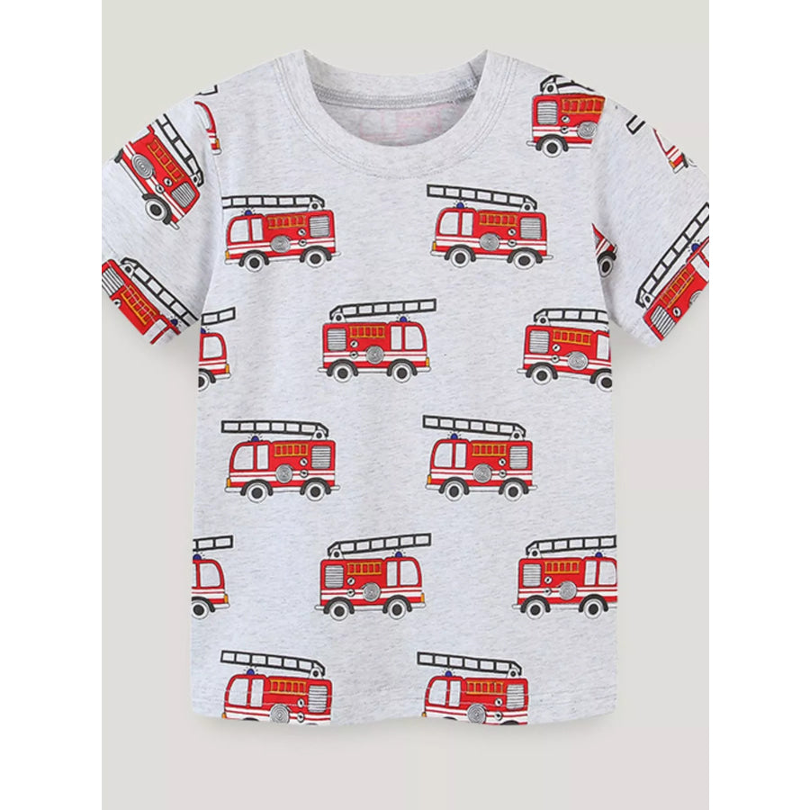 Children’s Fire Truck Print Crew Neck T-Shirt Light Gray / 2Y Apparel and Accessories
