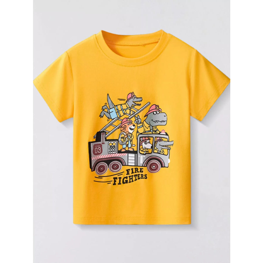 Children’s Firefighter Animal Graphic Round Neck T-Shirt Yellow / 2-3Y Apparel and Accessories