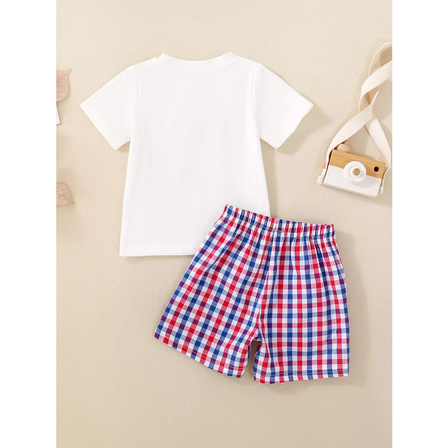 Children’s Fireworks Round Neck Tee and Plaid Shorts Set Apparel and Accessories
