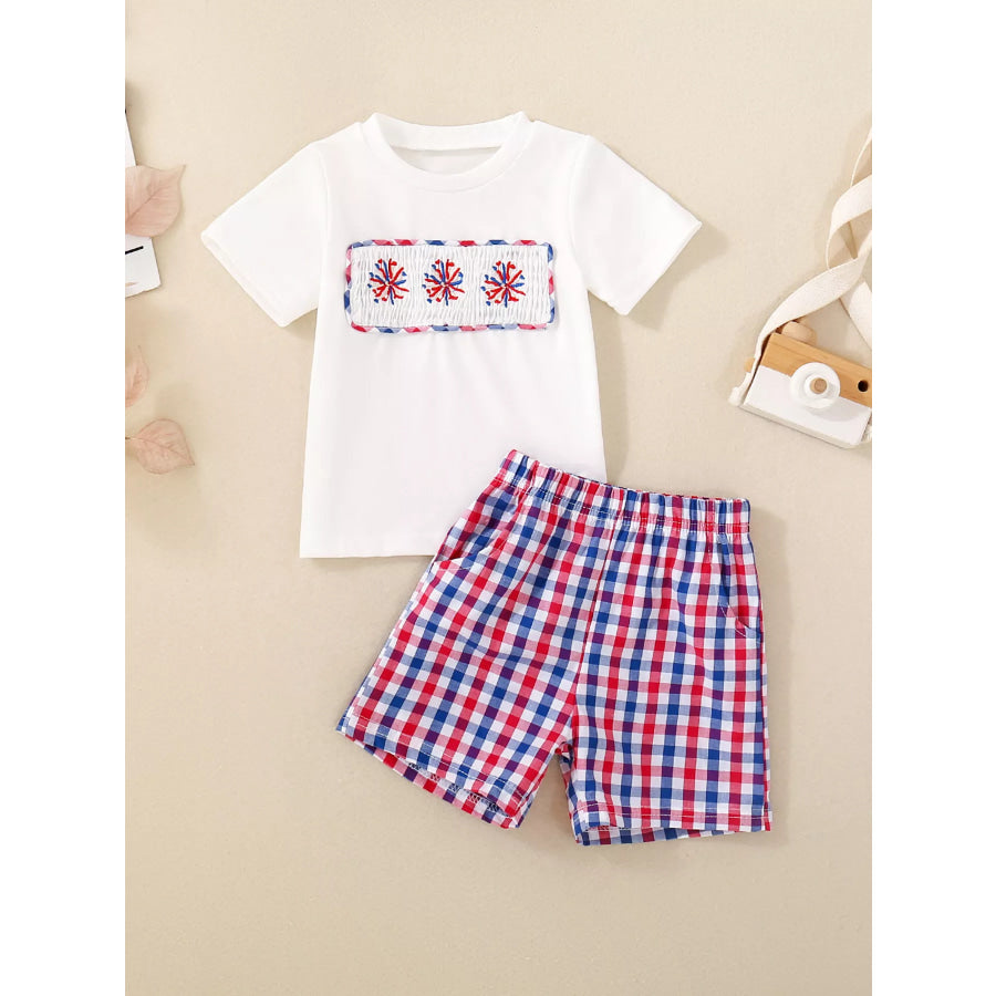 Children’s Fireworks Round Neck Tee and Plaid Shorts Set White / 3-6M Apparel and Accessories