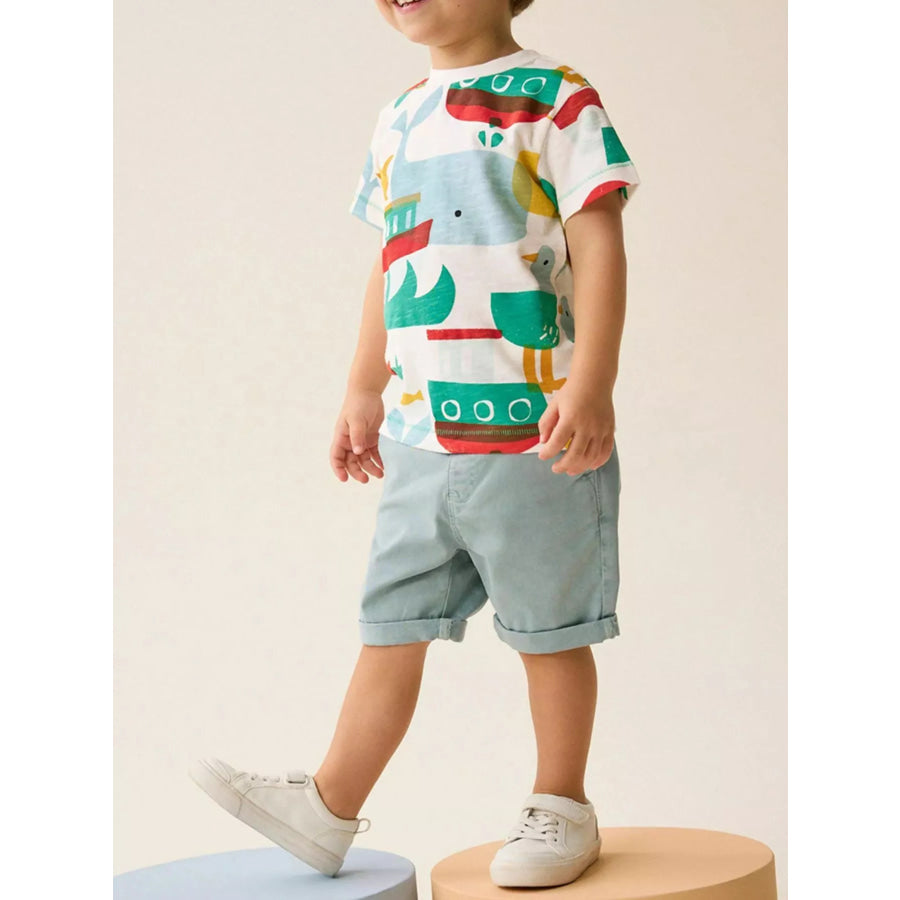 Children’s Fish Print Round Neck Tee White / 2Y Apparel and Accessories