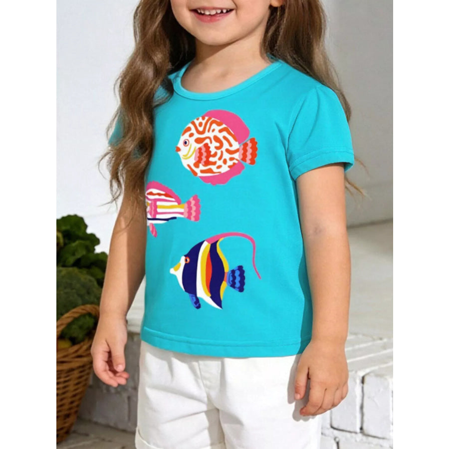 Children’s Fish Print Short Sleeve T-Shirt Aqua / 2Y Apparel and Accessories