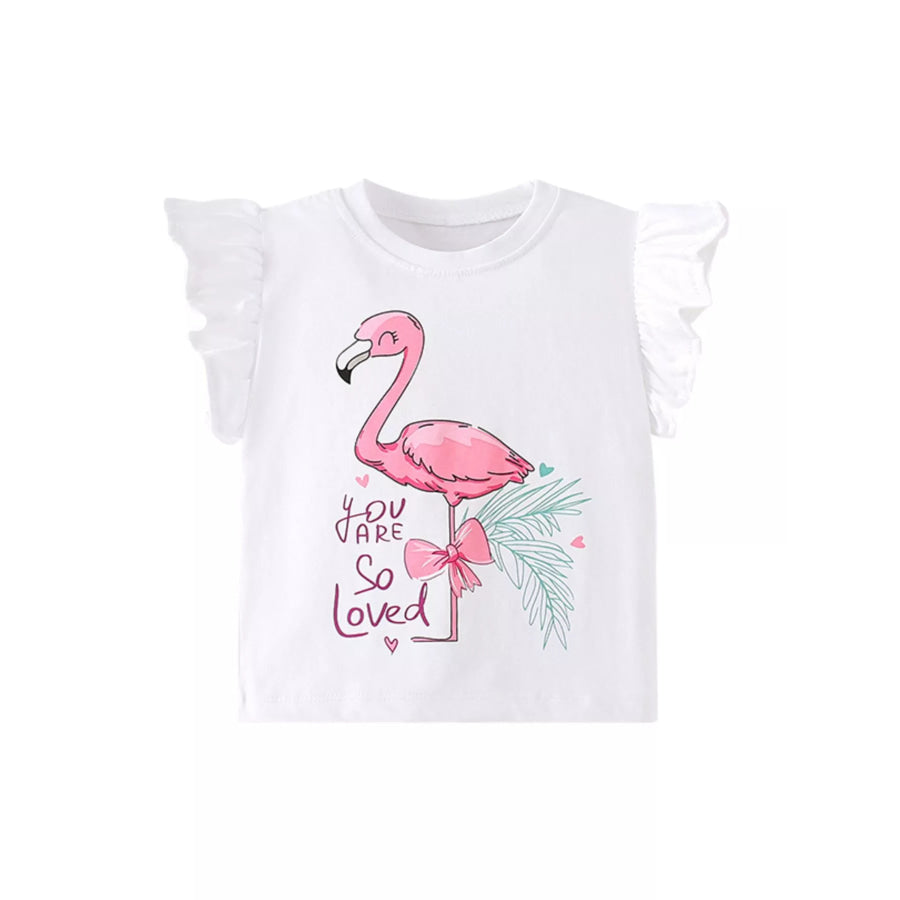 Children’s Flamingo Graphic Ruffle Sleeve T-Shirt White / 3Y Apparel and Accessories
