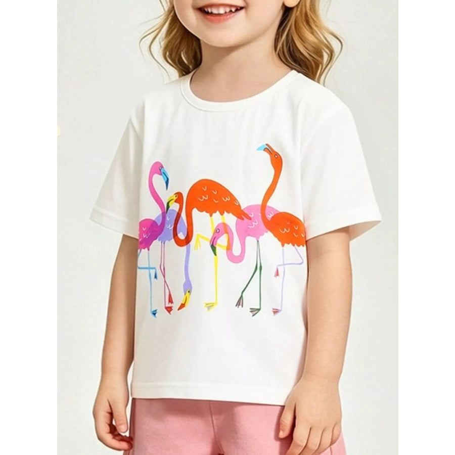 Children’s Flamingo Print Short Sleeve T-Shirt White / 2Y Apparel and Accessories