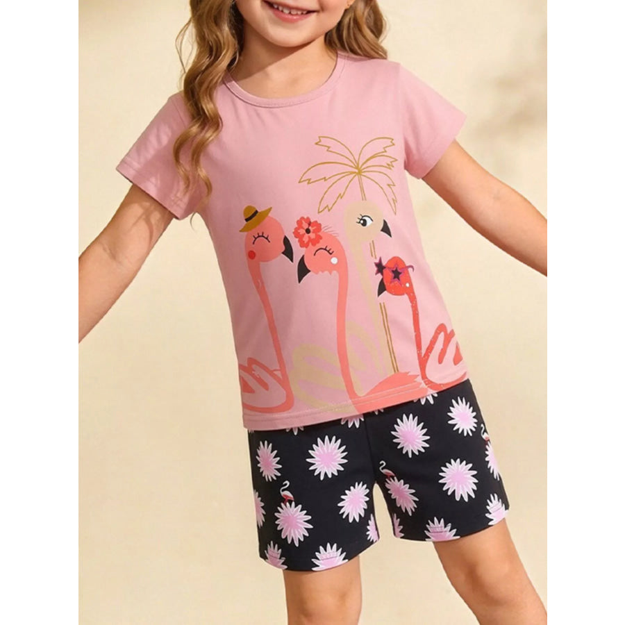 Children’s Flamingo Print Tee and Shorts Set Dusty Pink / 2Y Apparel and Accessories