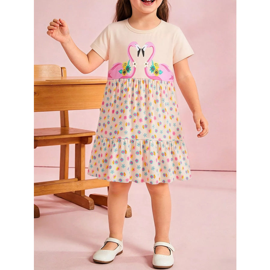 Children’s Flamingo Print Tiered Casual Dress Eggshell / 2Y Apparel and Accessories