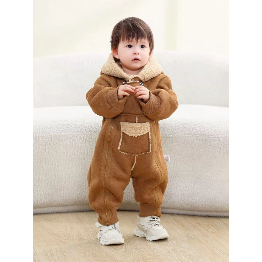 Children’s Fleece Hooded One-Piece Jumpsuit Khaki / 3-6M Apparel and Accessories