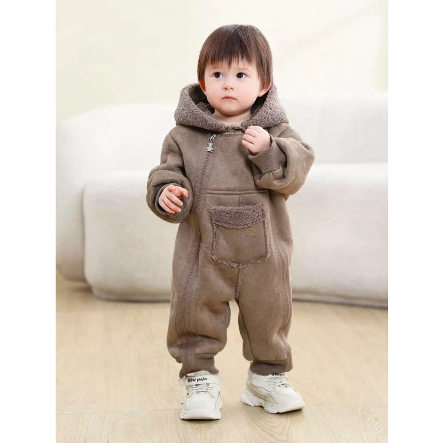 Children’s Fleece Hooded One-Piece Jumpsuit Taupe / 3-6M Apparel and Accessories