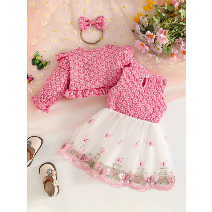 Children’s Floral and Butterfly Dress Cardigan Set with Headband Apparel Accessories