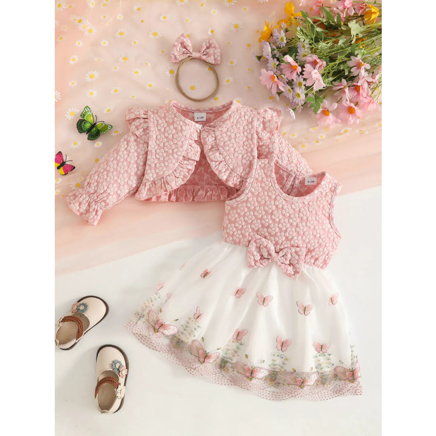 Children’s Floral and Butterfly Dress Cardigan Set with Headband Apparel Accessories