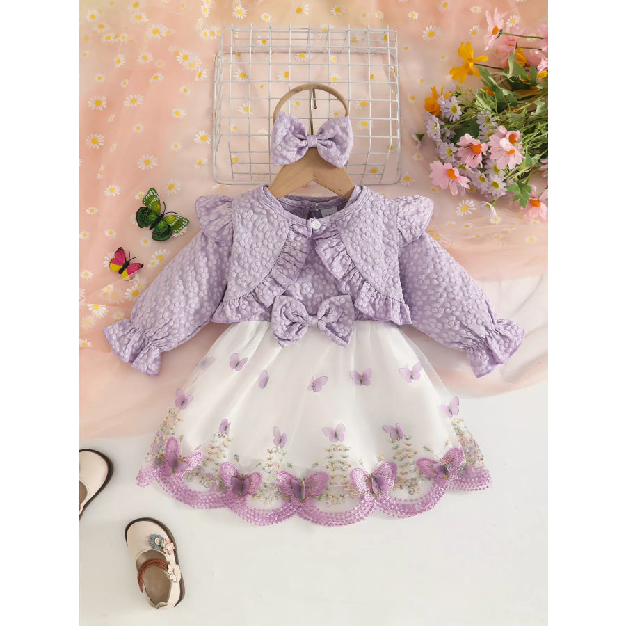 Children’s Floral and Butterfly Dress Cardigan Set with Headband Apparel Accessories